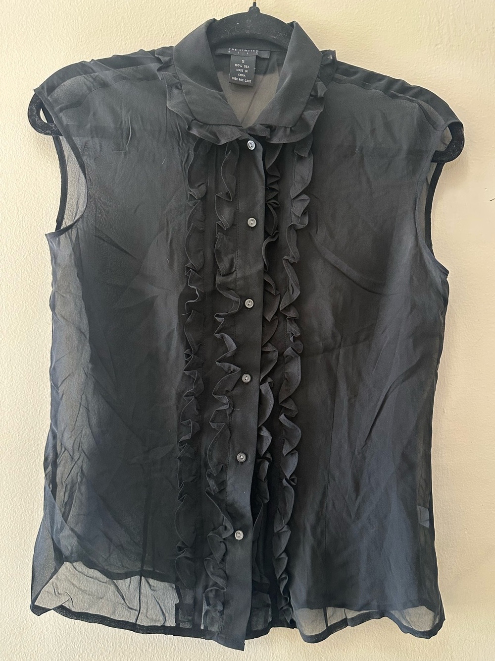 The Limited Black Silk Sheer Ruffle Button Sleeveless Blouse
